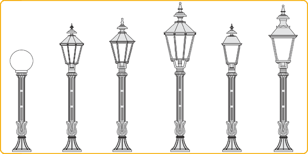 mittlere Standlaternen, Typen 16, 18A, 18, 17, 20 und 19