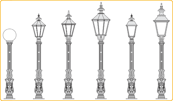 mittlere Standlaternen, Typen 21, 23A, 23, 22, 25 und 24